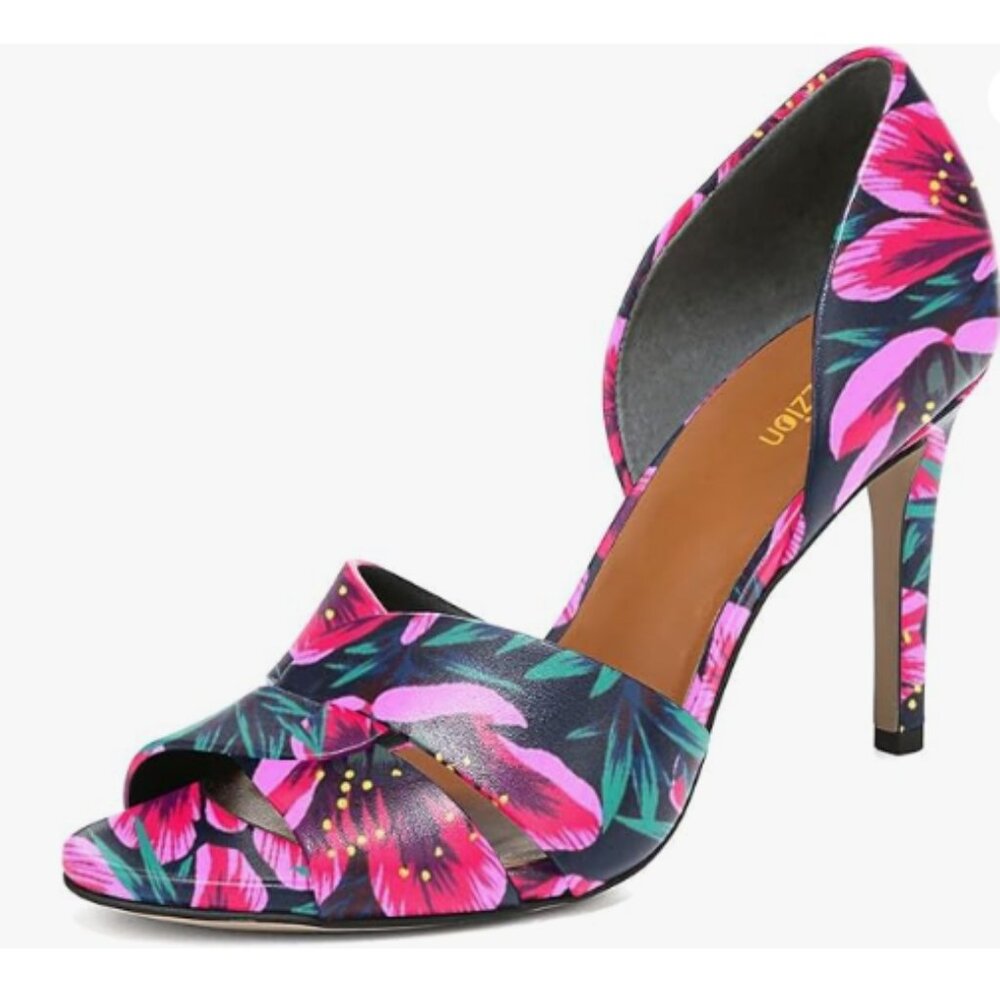 Pazzion Pink Flowers Open Toe High Heel D'Orsay Pumps Slip On Stiletto Heel Shoe